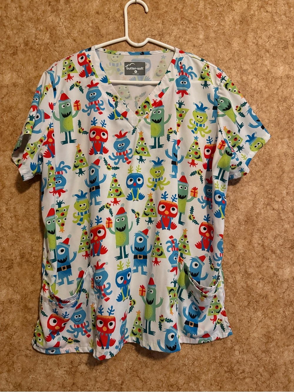 Buttersoft Holiday Monsters Print Scrub Top - Multicolor